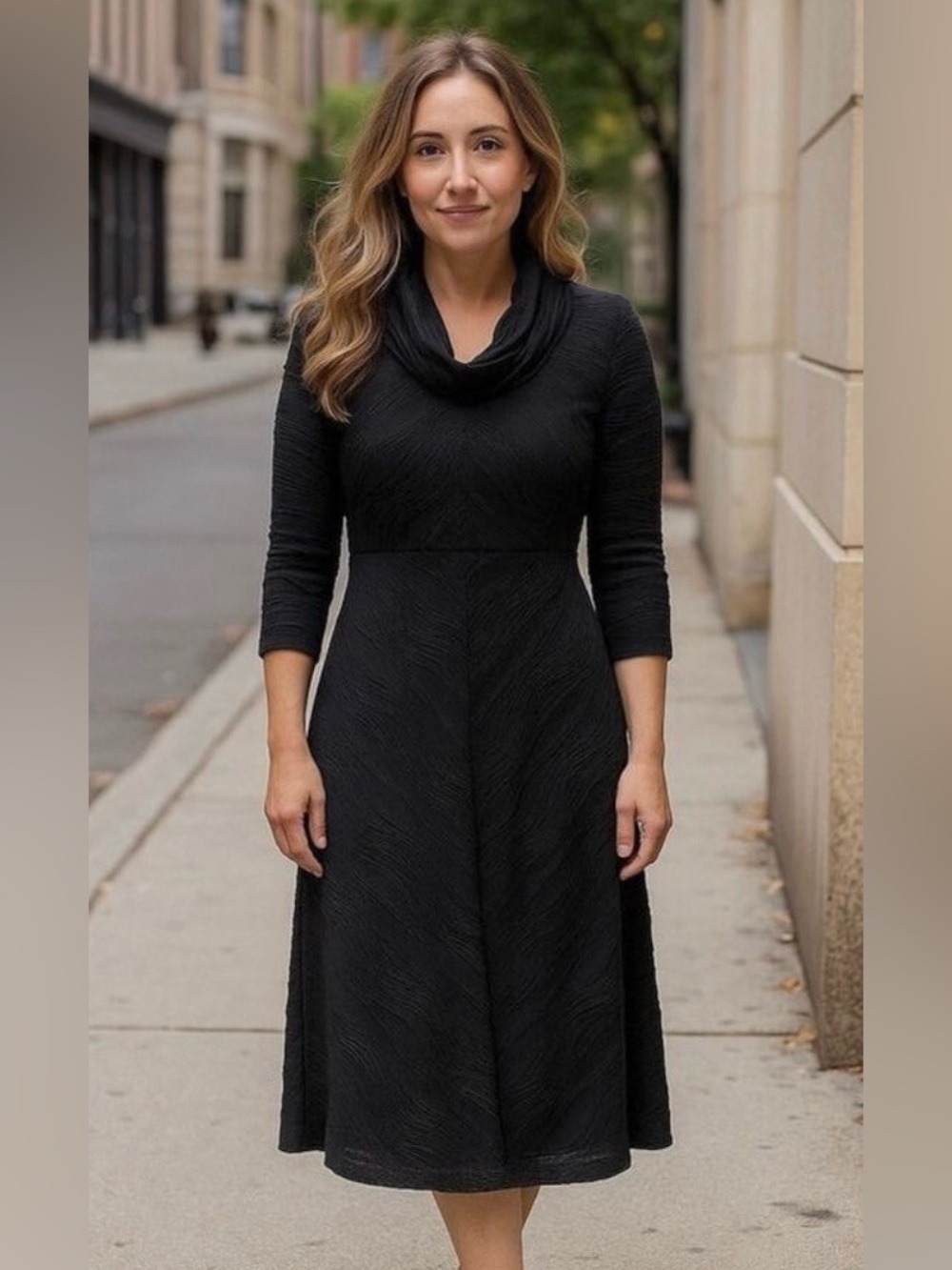 IC by Connie K textured Midi Dress Small Cowl Neck Stretch Lagenlook Luxury Work